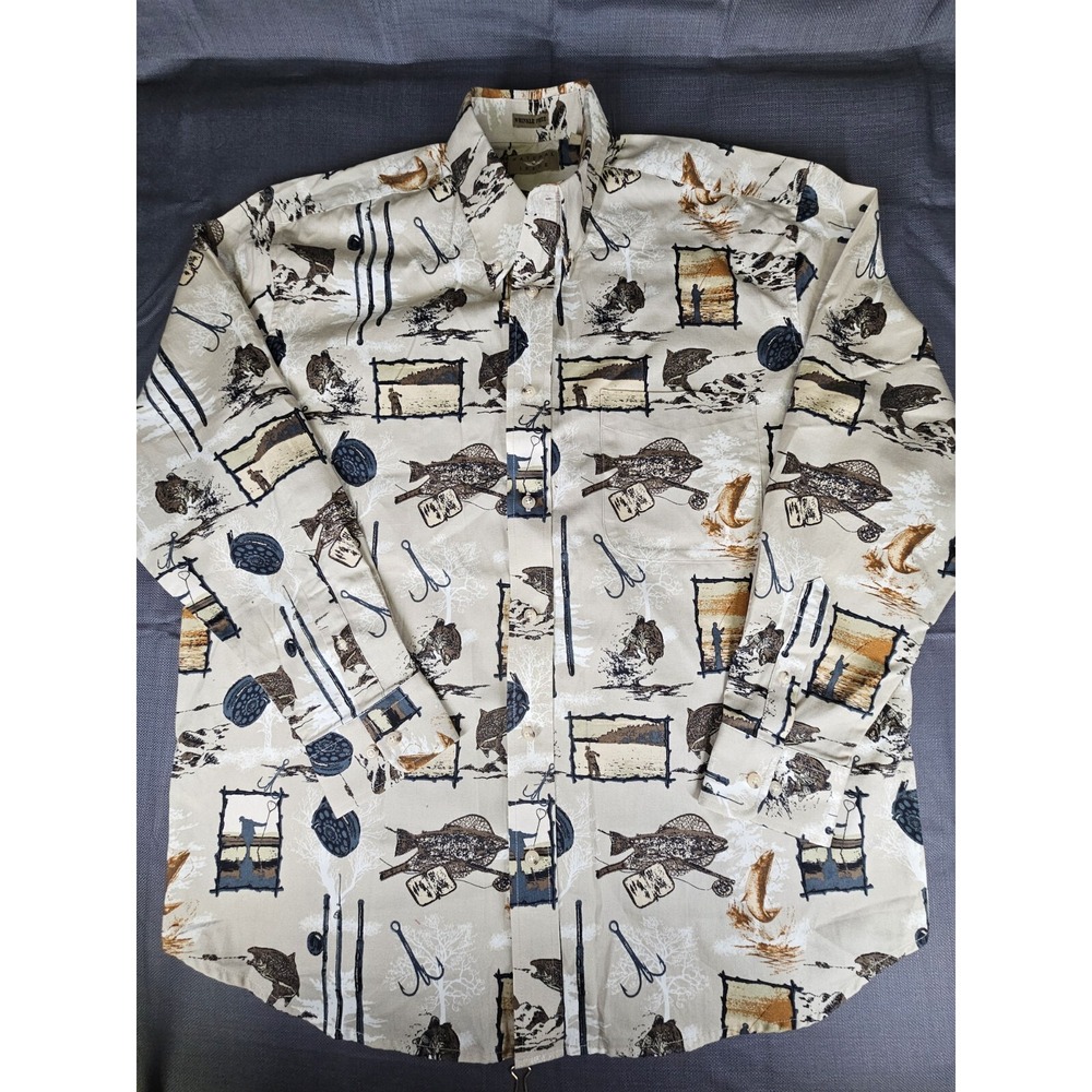 Natural Issue Mens Fishing Print Button Down Shirt Tan Long Sleeve Large L